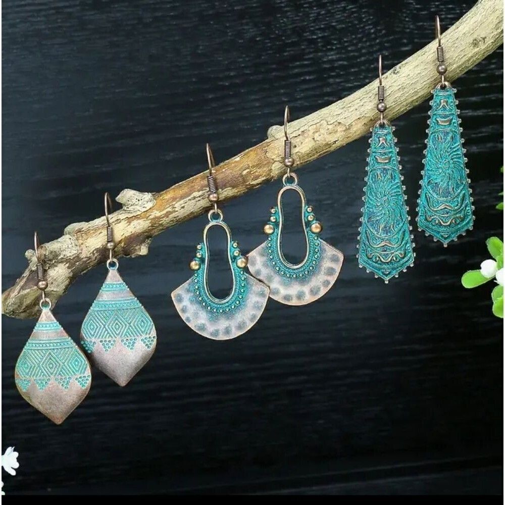 Copper turquoise tribal earring bundle